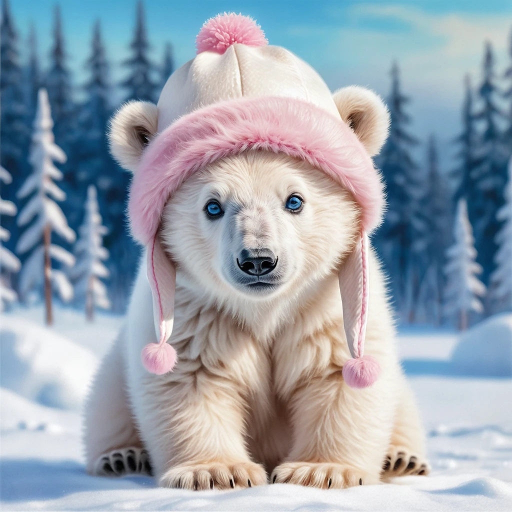 Tierno cachorro de oso polar con gorro de invierno rosa – ilustración