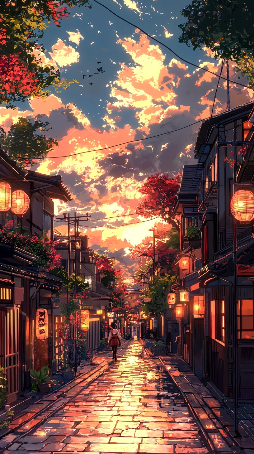 Retrato de garota de anime sob um pôr do sol dramático