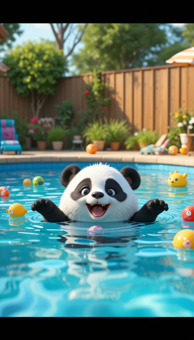 Panda fofo relaxando em uma piscina colorida no quintal