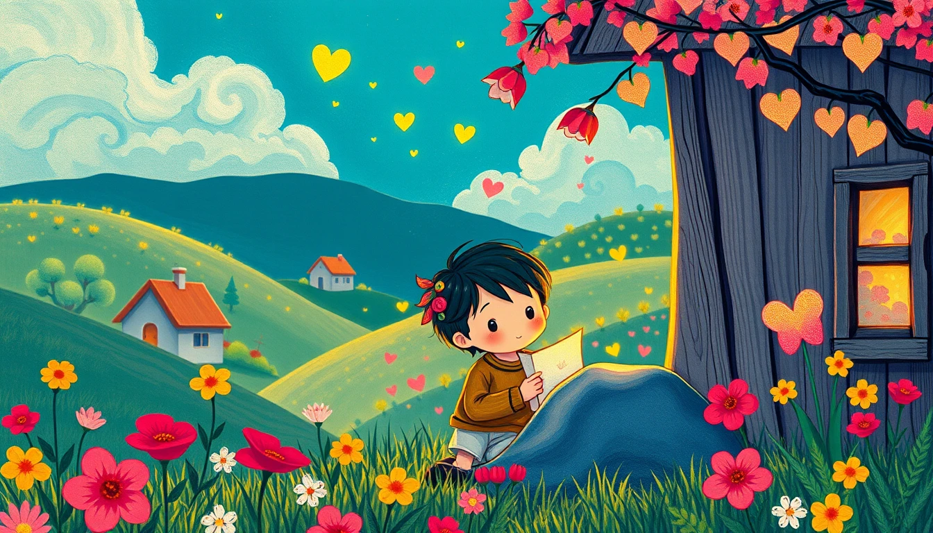 Vila fantasia colorida com um menino e sua mãe
