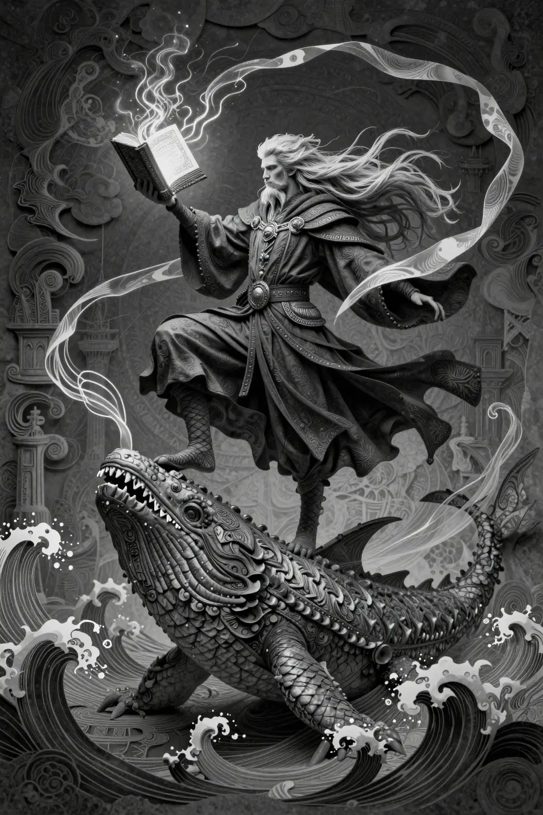 Wizard balancing on leviathan with glowing spellbook