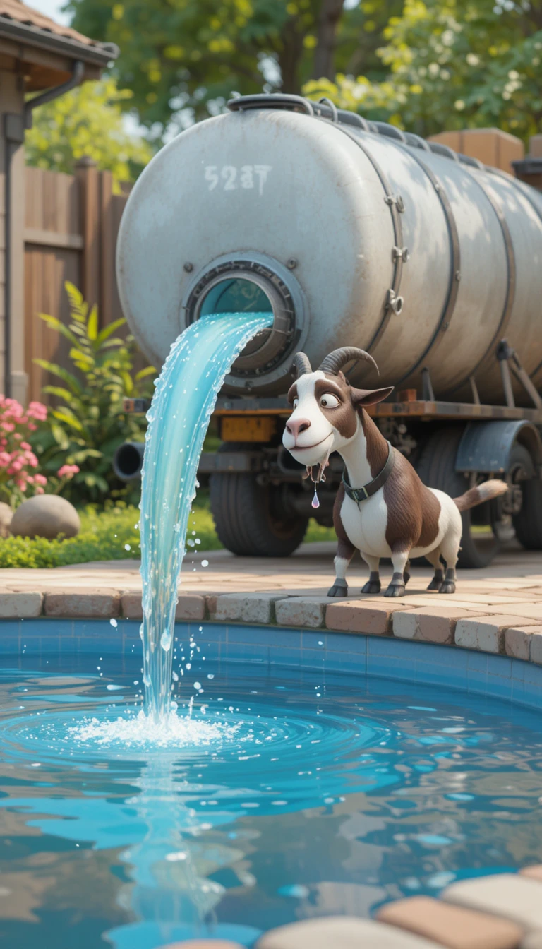 Bode brincalhão bombeando água de uma piscina de panda