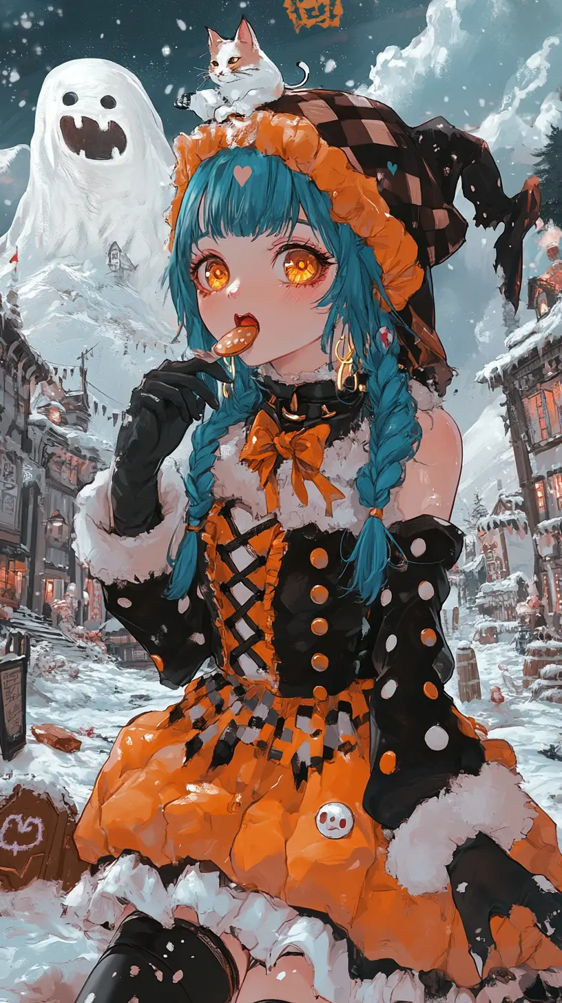 Fille d’anime léchant un couteau dans un pays des bonbons féerique
