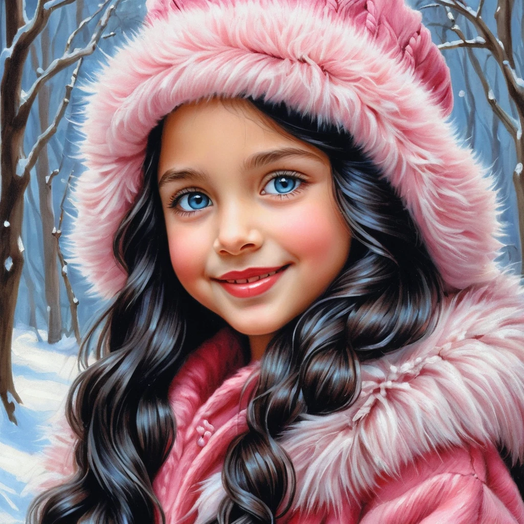 Fillette souriante en manteau de fourrure rose et bonnet d’hiver - portrait