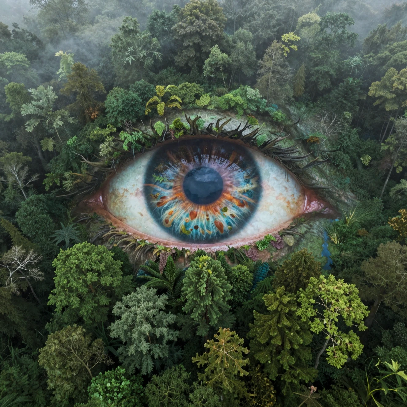 Floresta aérea formando um gigantesco olho humano na névoa da manhã