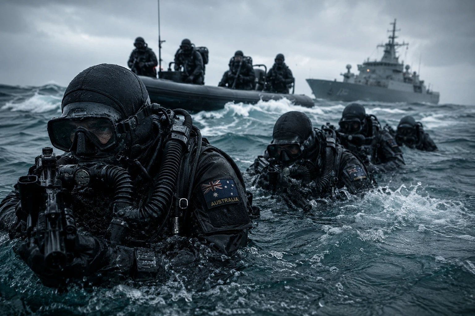 Mergulhadores militares treinando em mar aberto agitado