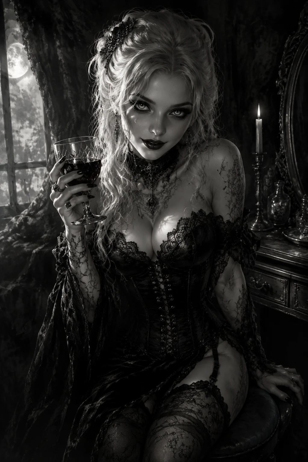 Vampira gótica em retrato monocromático de espartilho