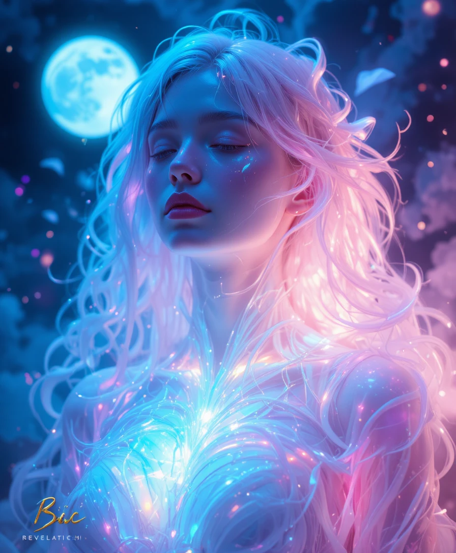 Mulher etérea brilhando em cores bioluminescentes ao luar