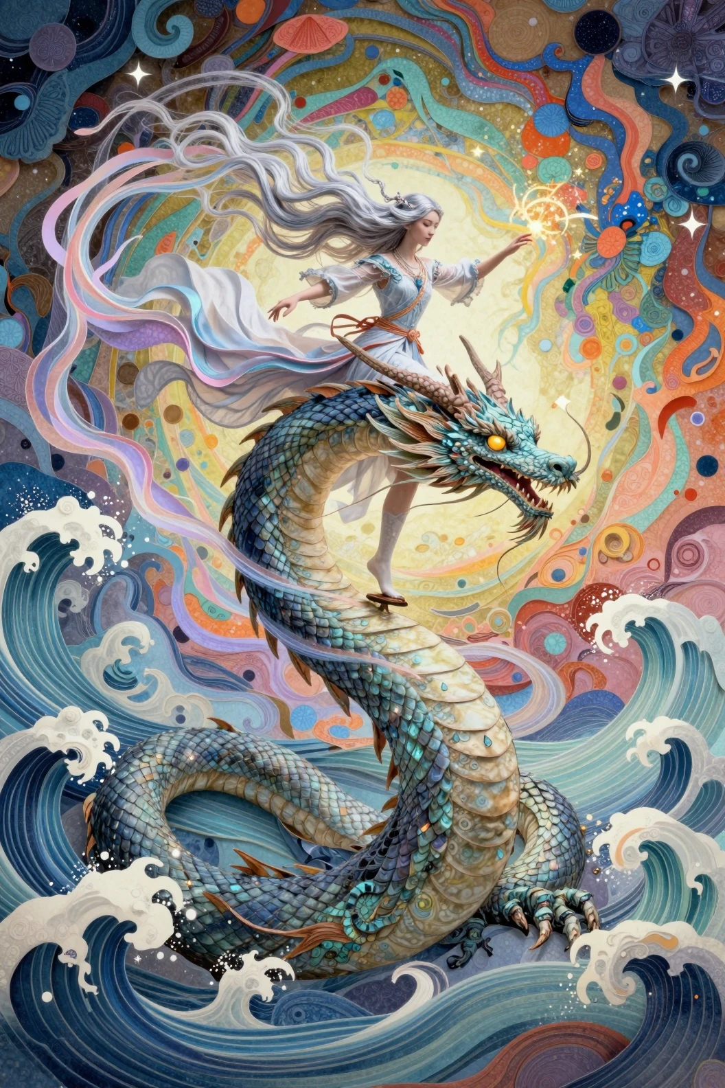 소용돌이치는 에너지 속 용 위에서 균형을 잡는 신비로운 마법사