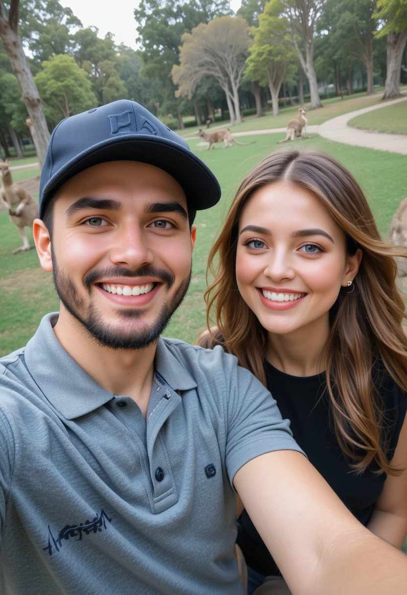 Glückliches Paar macht ein Selfie im grünen Park mit Kängurus