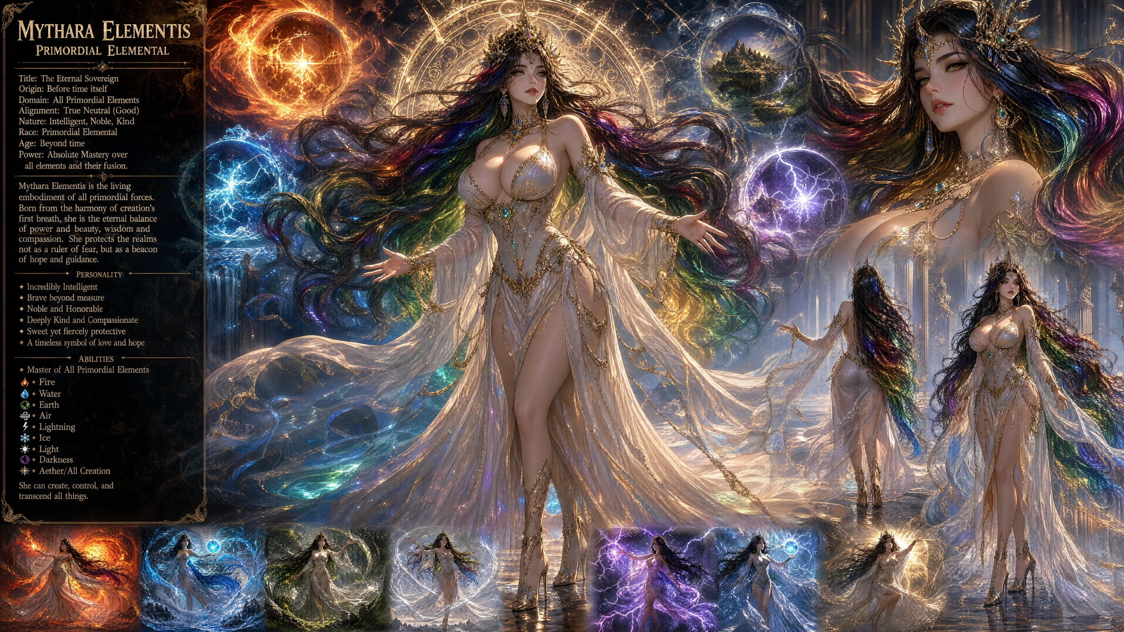 Regal primordial elemental woman with dark rainbow hair