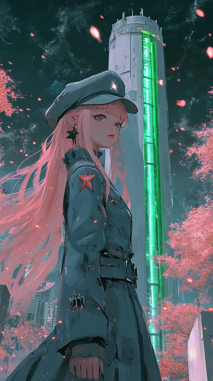 Garota de anime diante de torre de concreto com neon na tempestade