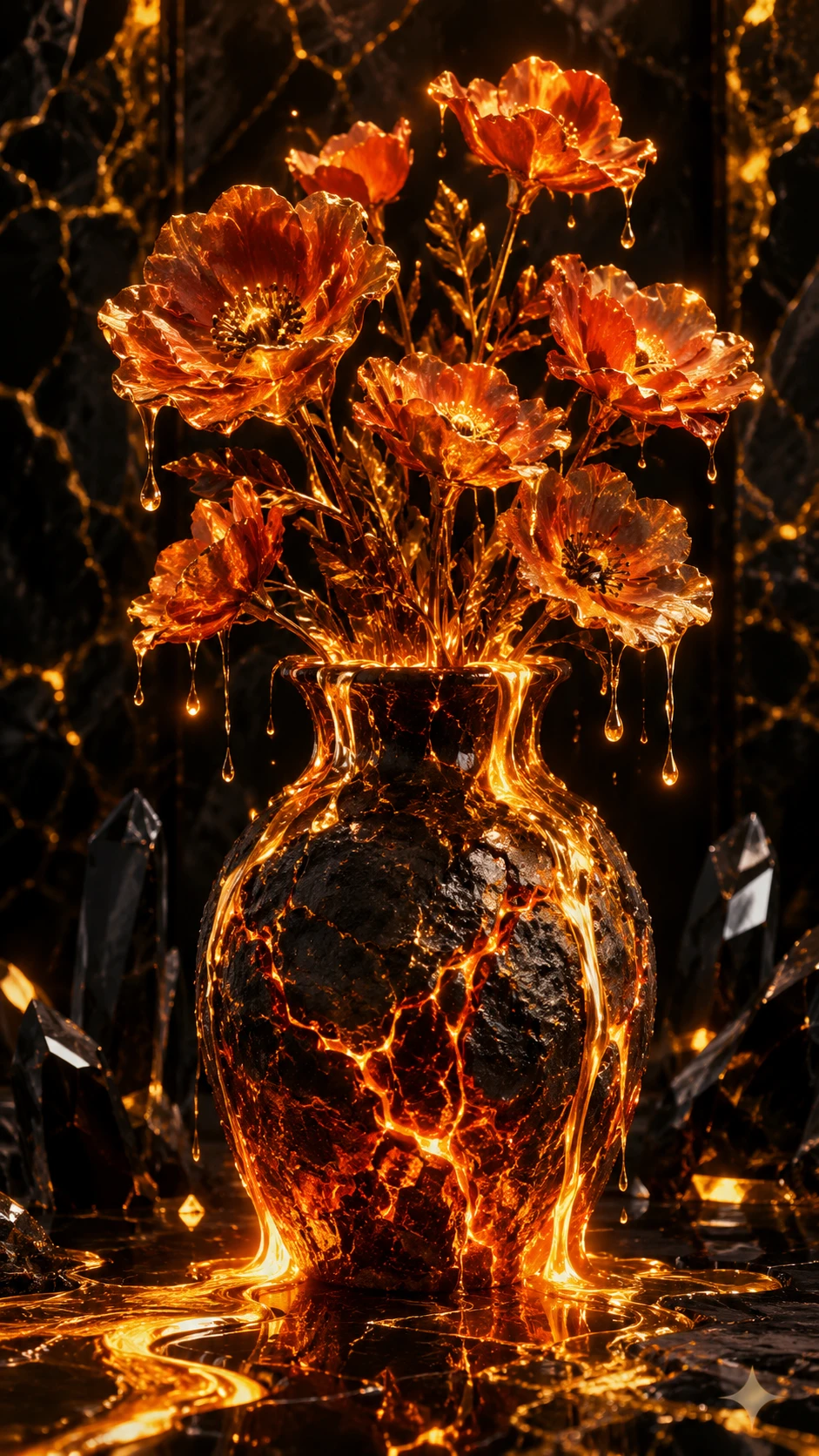 Jarrón de piedra fundida con venas de lava brillante y flores de amapola