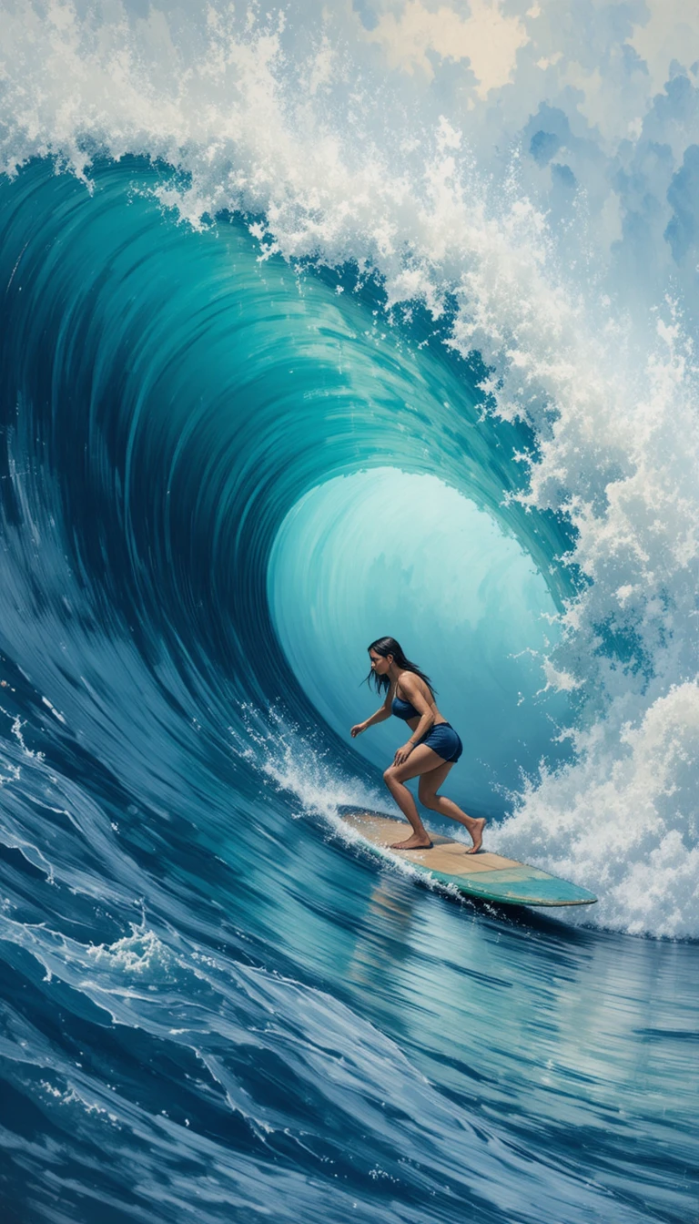 Woman surfing giant Hawaiian waves in gestural painting