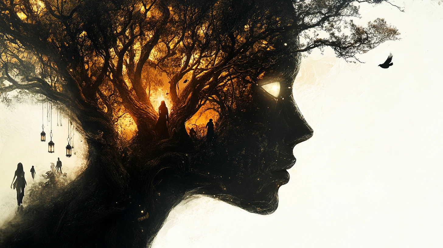 Silhouette humaine remplie d’une scène d’esprits de forêt enchantée