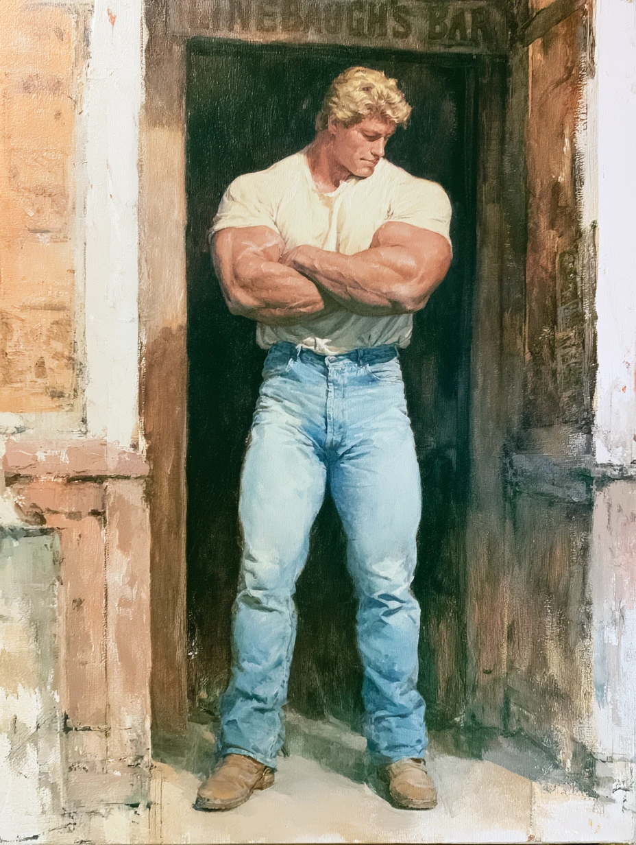 Homme musclé en jean devant l’entrée d’un bar urbain délabré