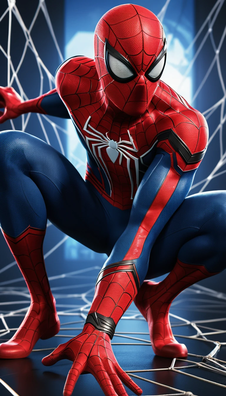 Super-herói com tema de aranha lançando teias em uma cena de ação 3D