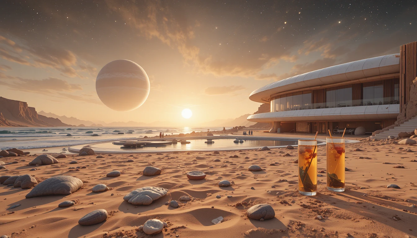 Villa futuriste surplombant une plage alien au coucher du soleil