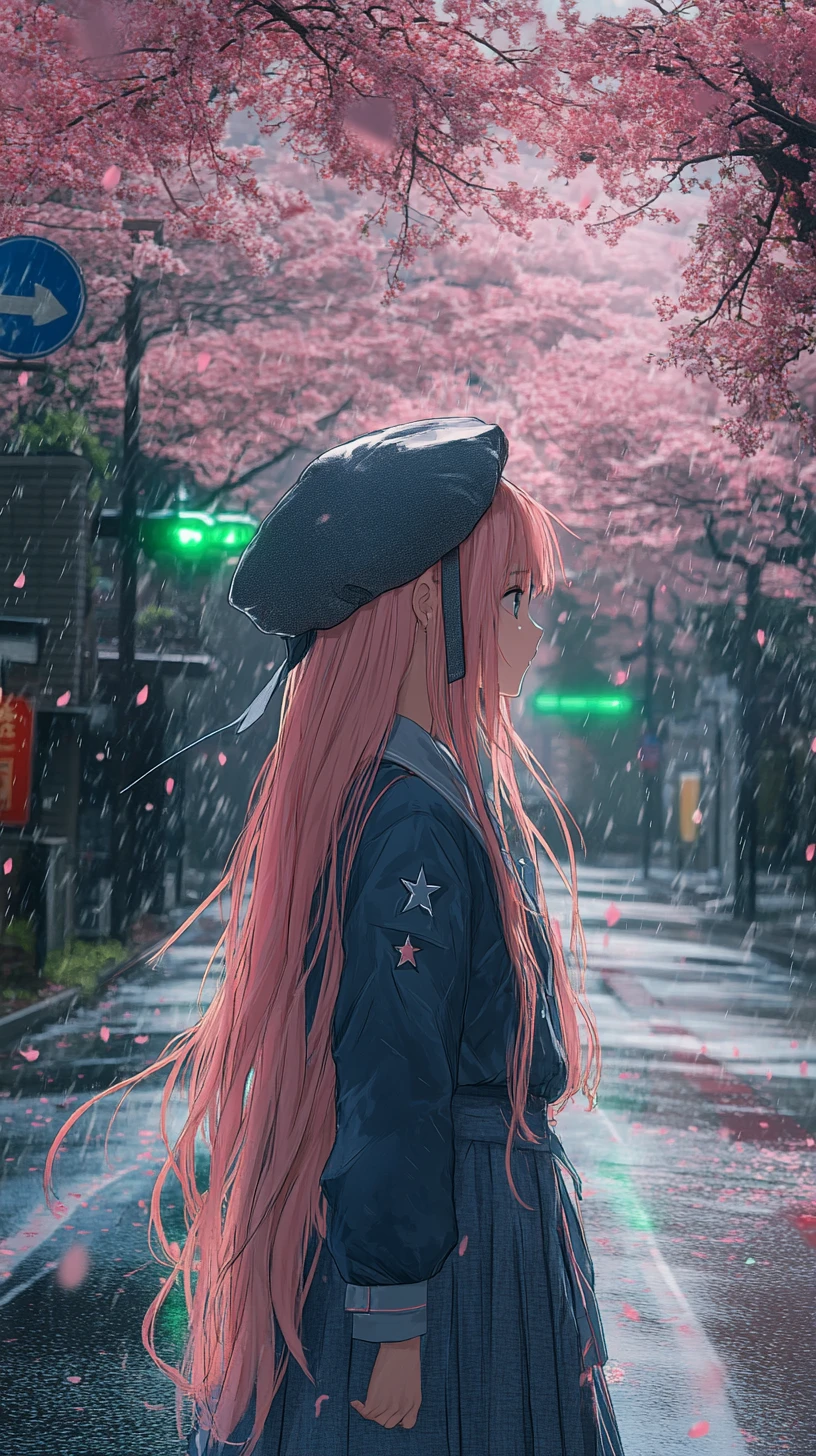 Garota de anime diante de uma torre de concreto com luzes verdes brilhantes