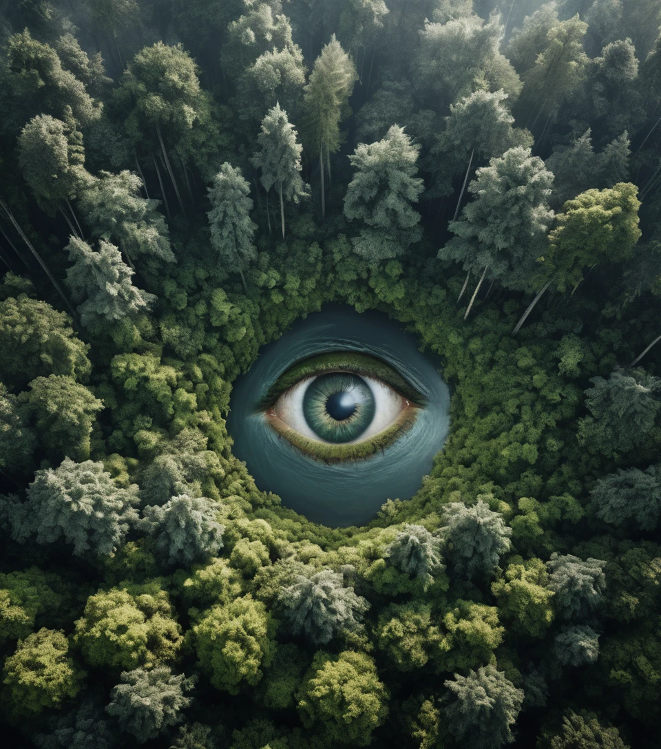 Luftaufnahme von Wald und Fluss, die ein riesiges Auge formen