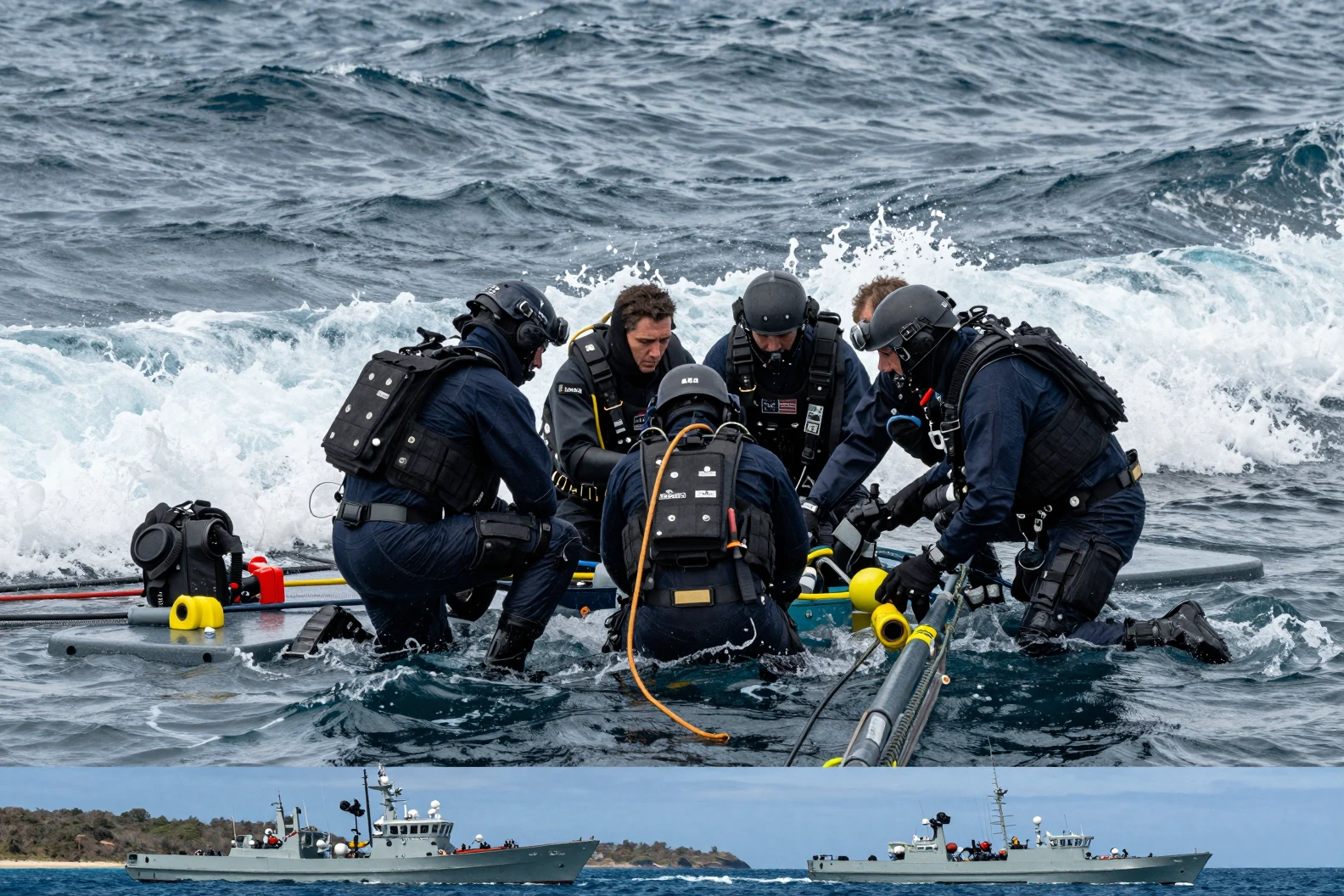 Mergulhadores da Marinha treinam em meio às ondas agitadas do Mar da Tasmânia