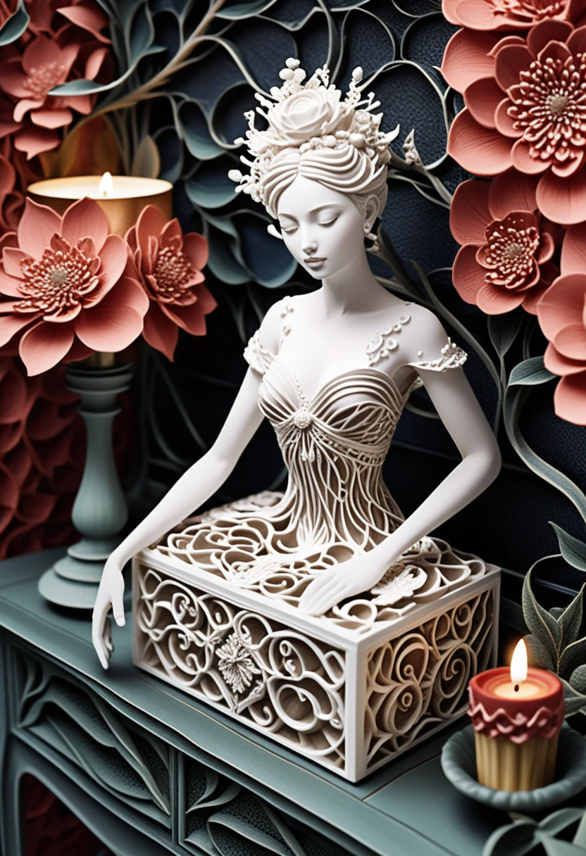 Escultura de porcelana em penteadeira com vela brilhando