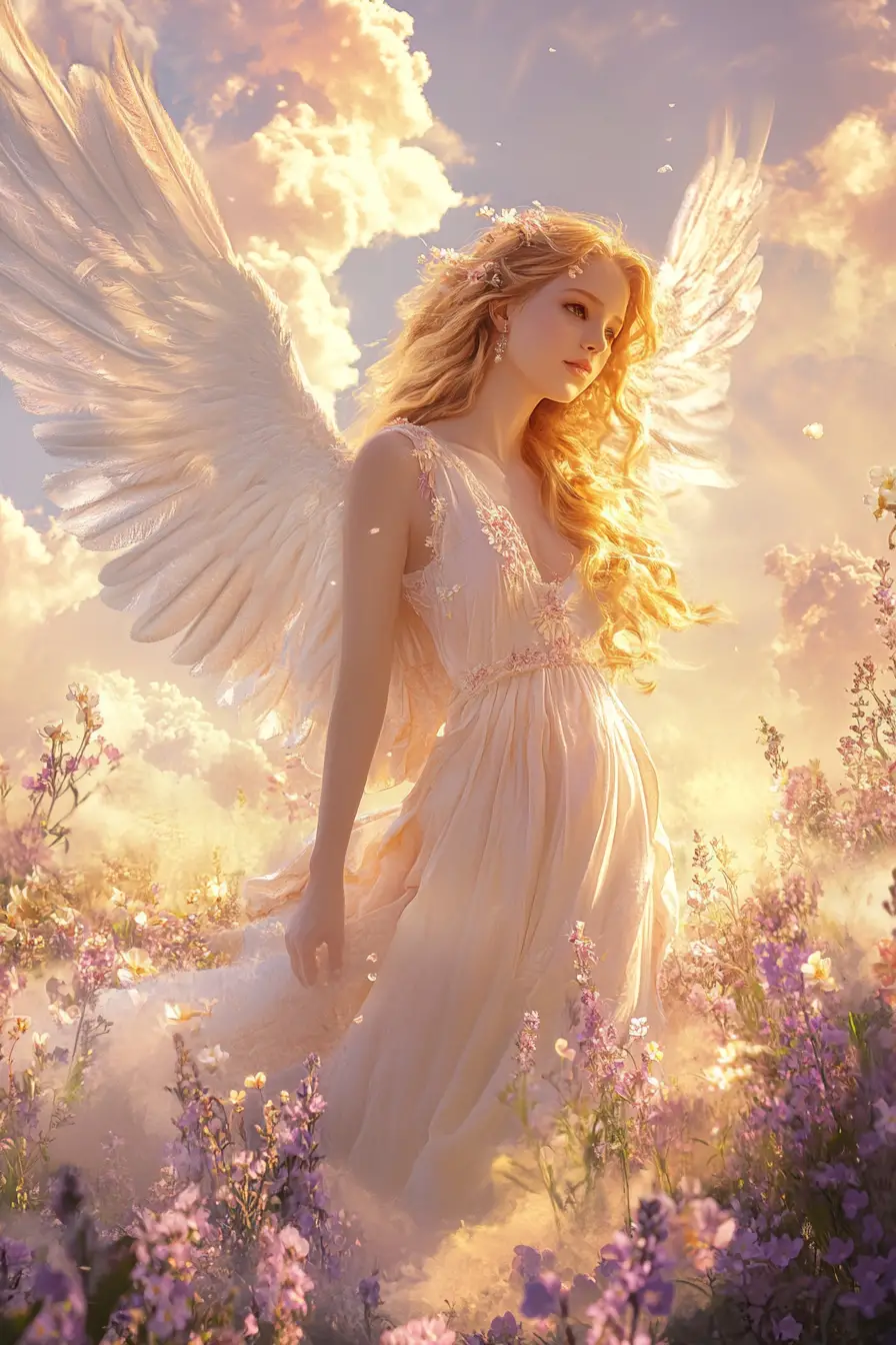 Ethereal angel in clouds above a glowing sunset meadow