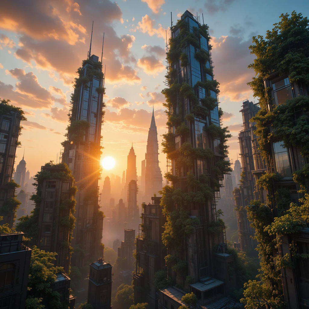Futuristische Stadtsilhouette in der Dämmerung mit überwucherten Ruinen