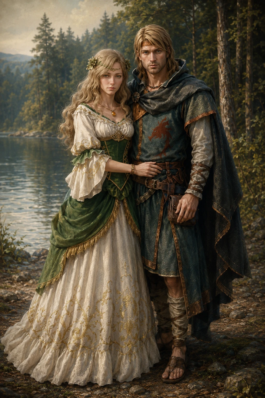 Joven pareja de pie junto a un tranquilo lago en el bosque