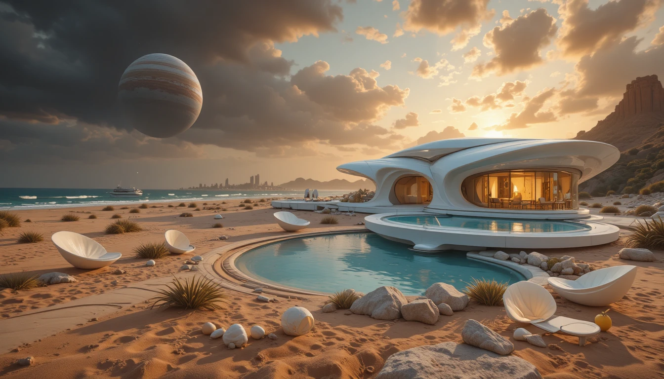Villa futuriste et chaleureuse sur un rivage désertique extraterrestre