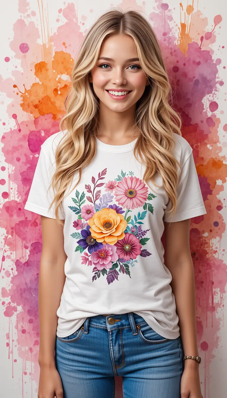 Jeune fille blonde souriante en t-shirt fleuri sur fond abstrait et coloré