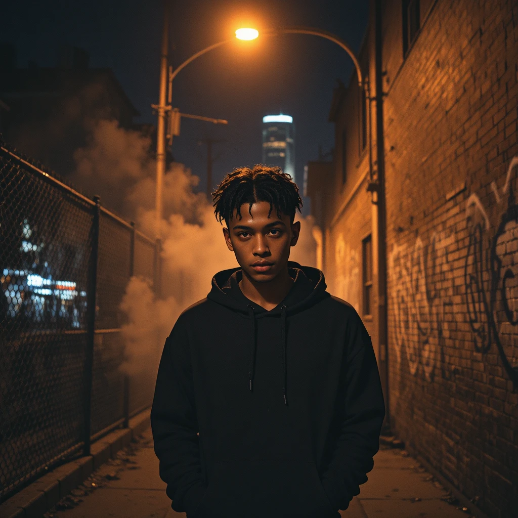 Jovem em um beco escuro de Chicago sob um poste de luz laranja