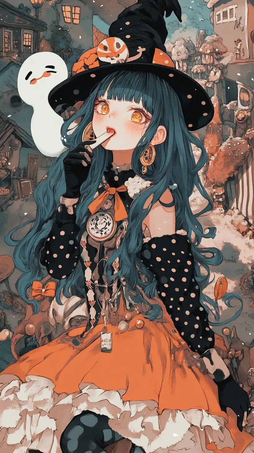 Fille d’anime léchant un couteau dans un pays fantomatique de bonbons