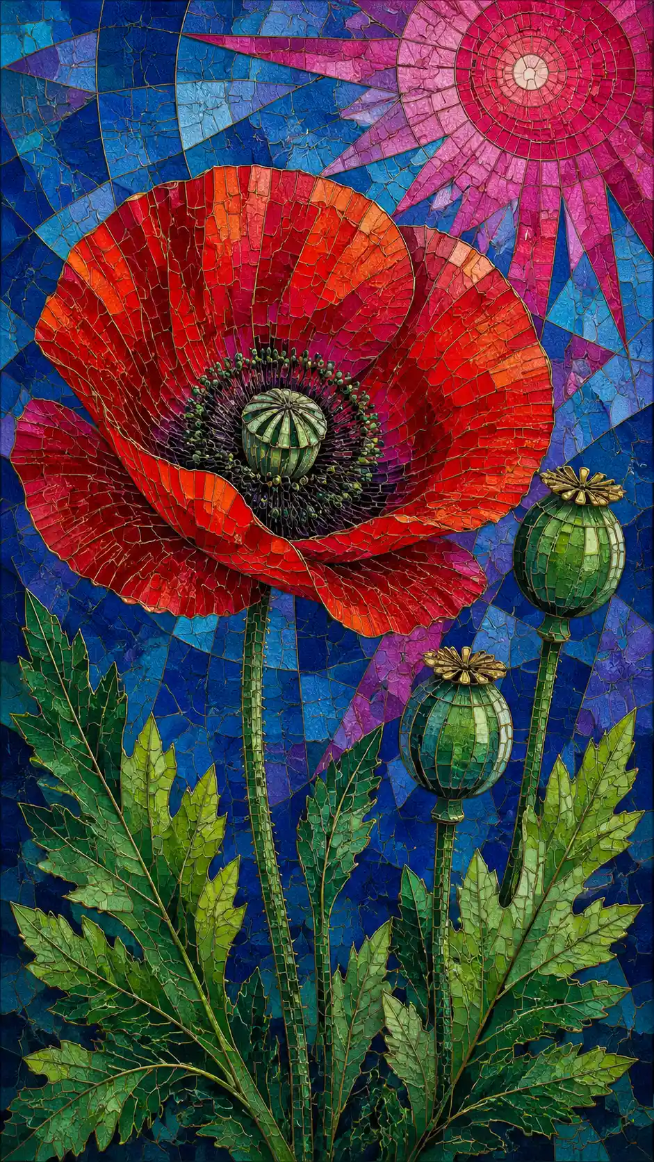 Cubist red poppy with geometric stained glass background
