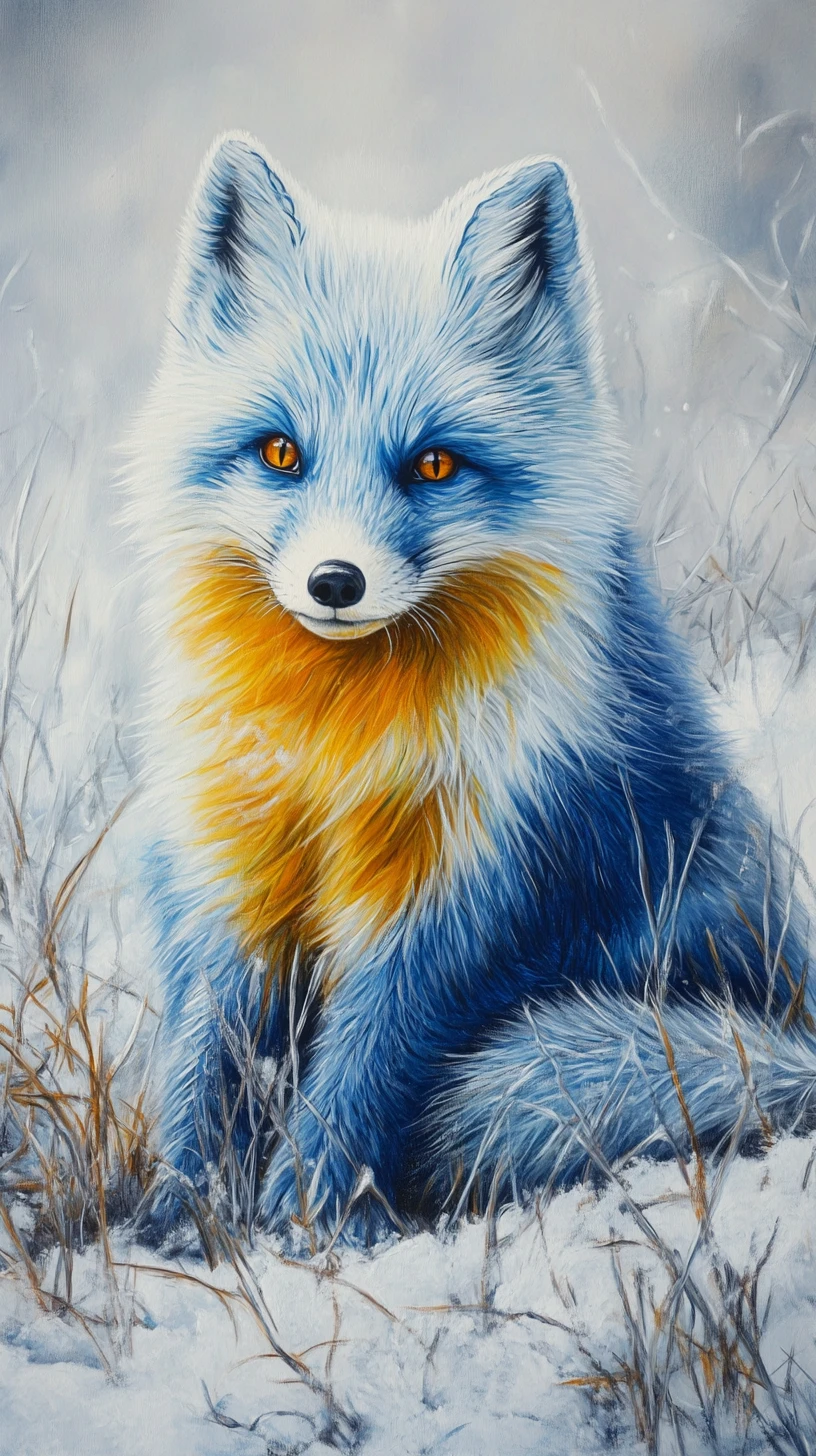 Pintura de raposa-do-ártico fantástica com pelo azul e amarelo na neve