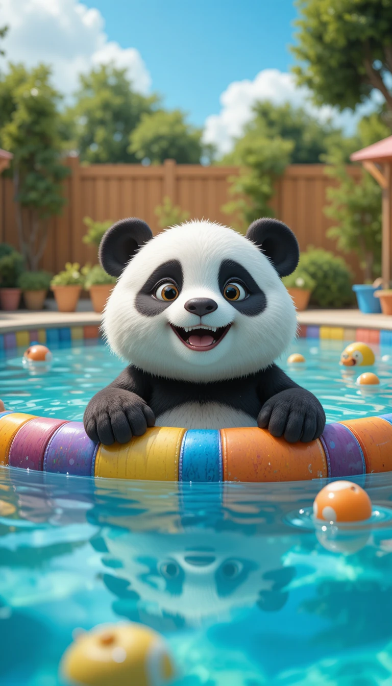Panda fofo relaxando em uma piscina colorida no quintal