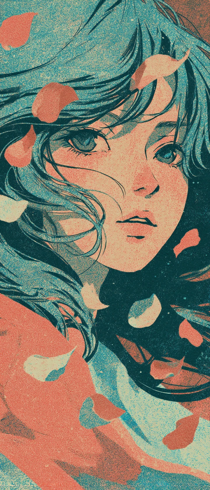 Retrato de garota de anime melancólica em estilo de impressão risograph