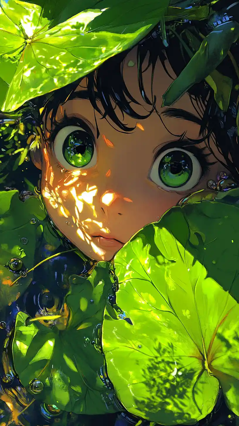 Cute green kappa hiding under a giant pond leaf