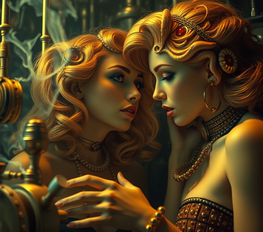 Figuras fantasmagóricas dançando em uma cidade steampunk de engrenagens
