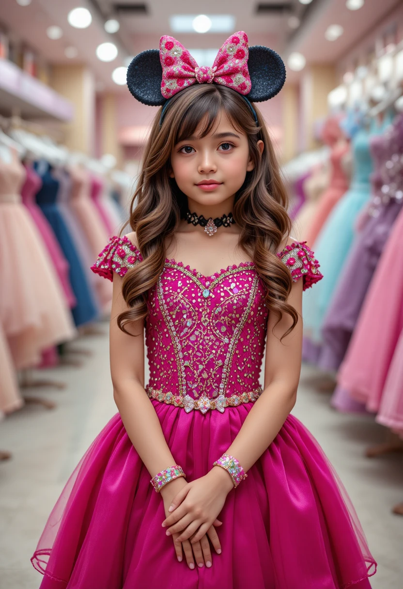 Garota jovem envergonhada com vestido rosa da Minnie em boutique
