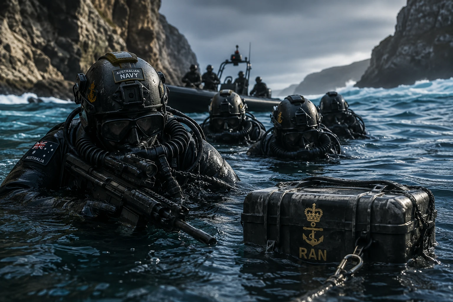Military divers training in rough Tasman Sea waters