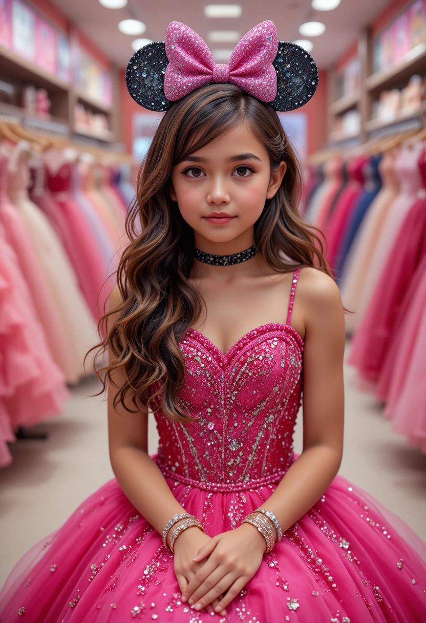 Menina jovem envergonhada com vestido de princesa rosa da Minnie Mouse