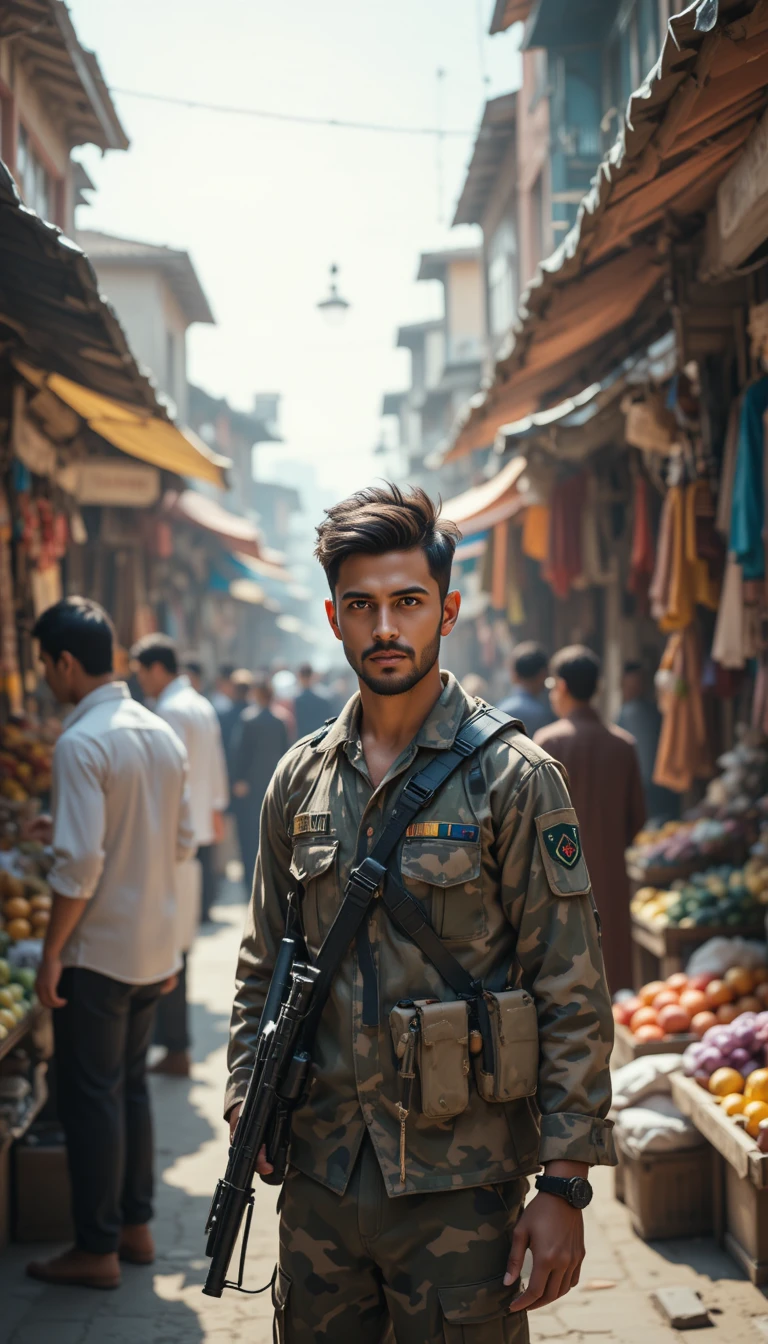 Soldado paquistanês caminhando por um bazar de rua colorido