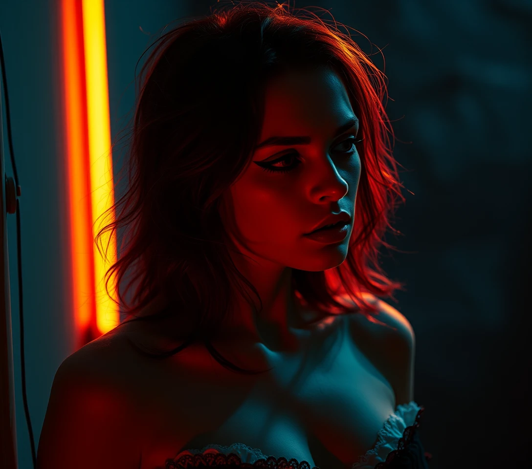 Ritratto al neon surreale di una donna in profonda introspezione