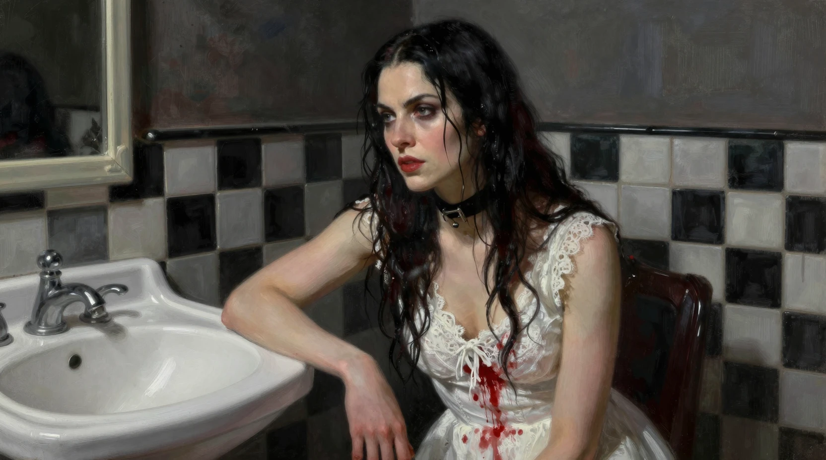 Vampira in abito bianco macchiato in bagno in penombra