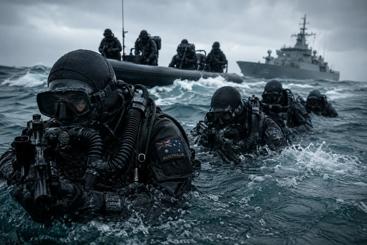 Militärtaucher trainieren in rauer, offener See