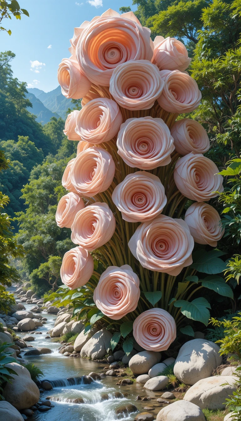 澄んだ山の渓流のそばにそびえる巨大な渦巻きの花々