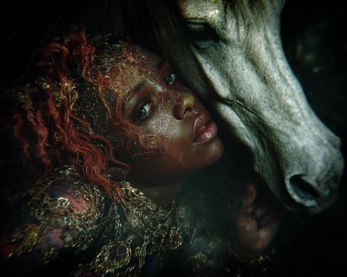Anjo de pele escura em meio a paisagem surreal de cavalos selvagens japoneses