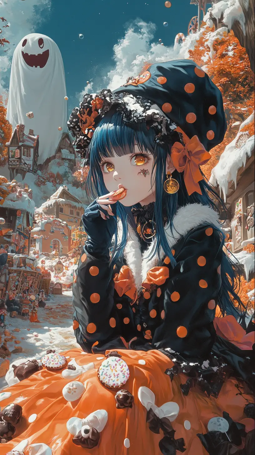 Fille d’anime léchant un couteau dans un monde de fantaisie sucrée