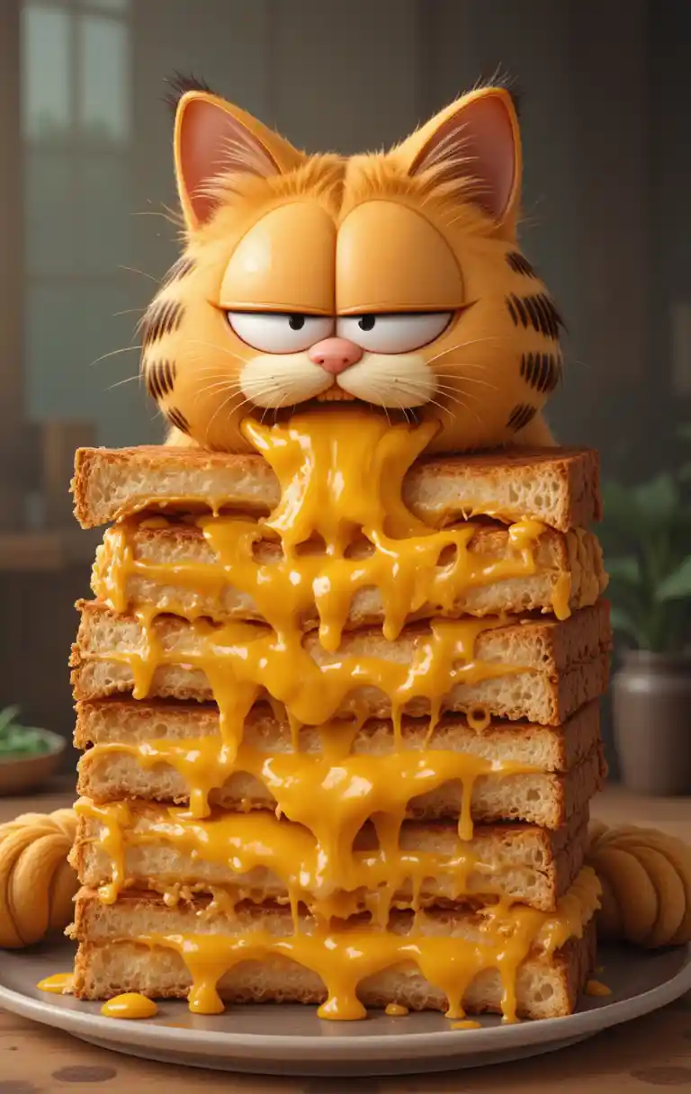 Cartoon orange cat enjoying a tall grilled cheese sandwich